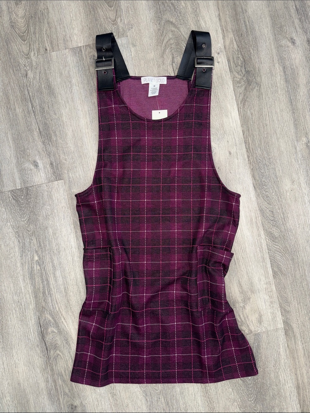 Plaid Pinafore Dress in Plum with Pockets and Black Buckle Straps